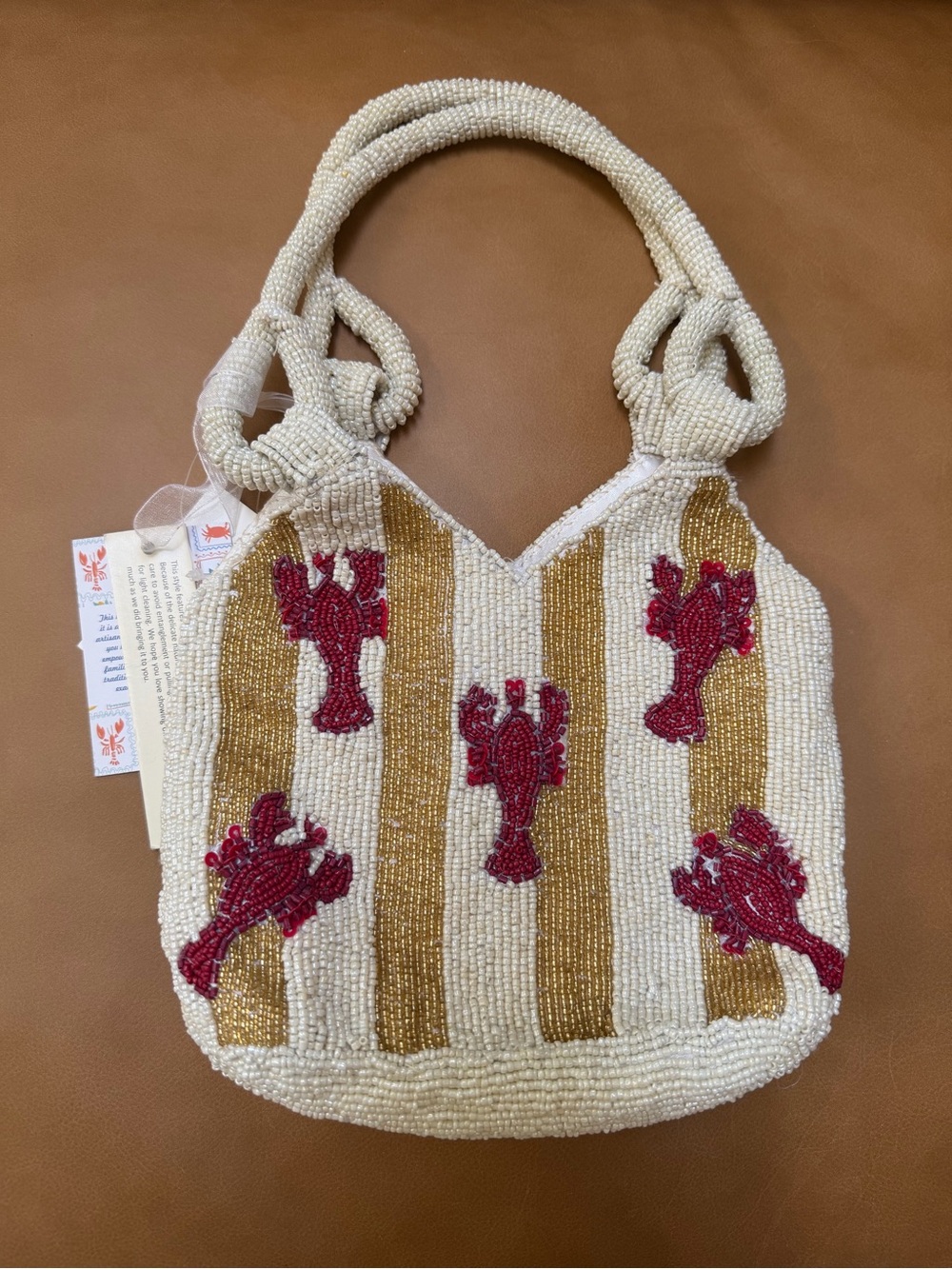 NWT. Beaded Lobster Stripe Women's Tote Bag, Ivory & Gold, OS